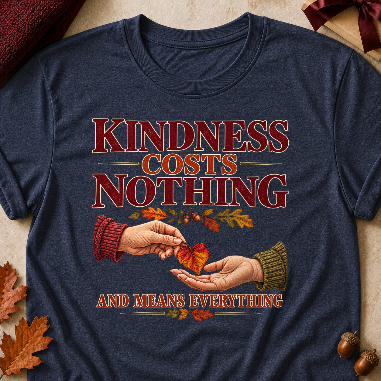 Kindness Costs Nothing And Means Everything Fall Colored Print T-Shirt - Heather Navy - Brooke & Belle