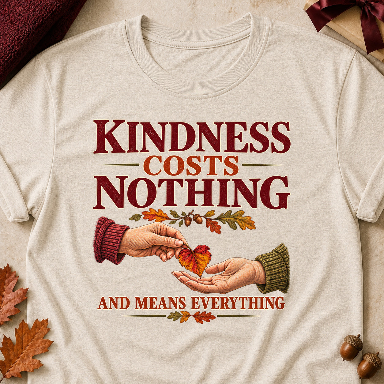 Kindness Costs Nothing And Means Everything Fall Colored Print T-Shirt - Heather Oatmeal - Brooke & Belle