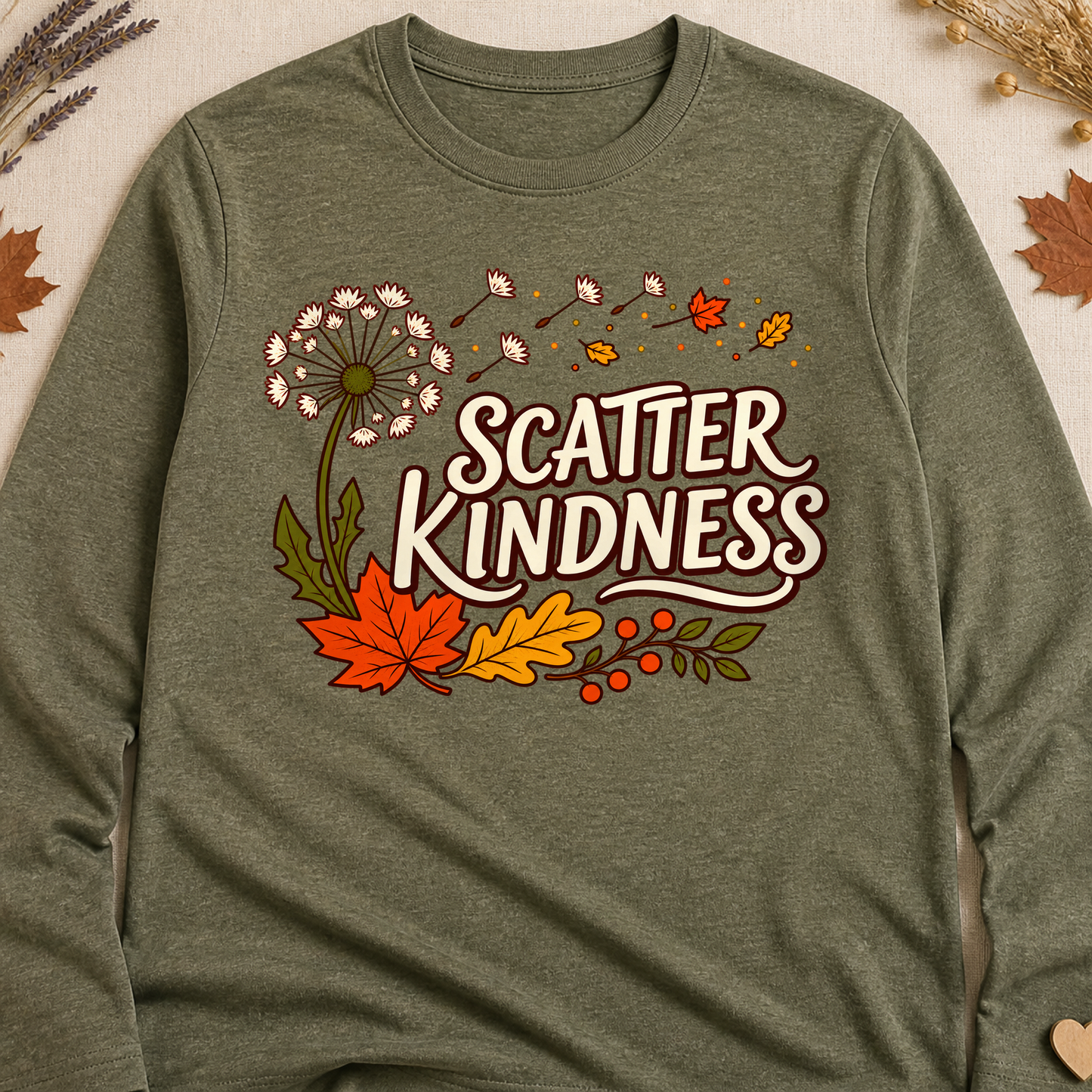 Scatter Kindness Fall Colored Print Long Sleeves - Military Green - Brooke & Belle