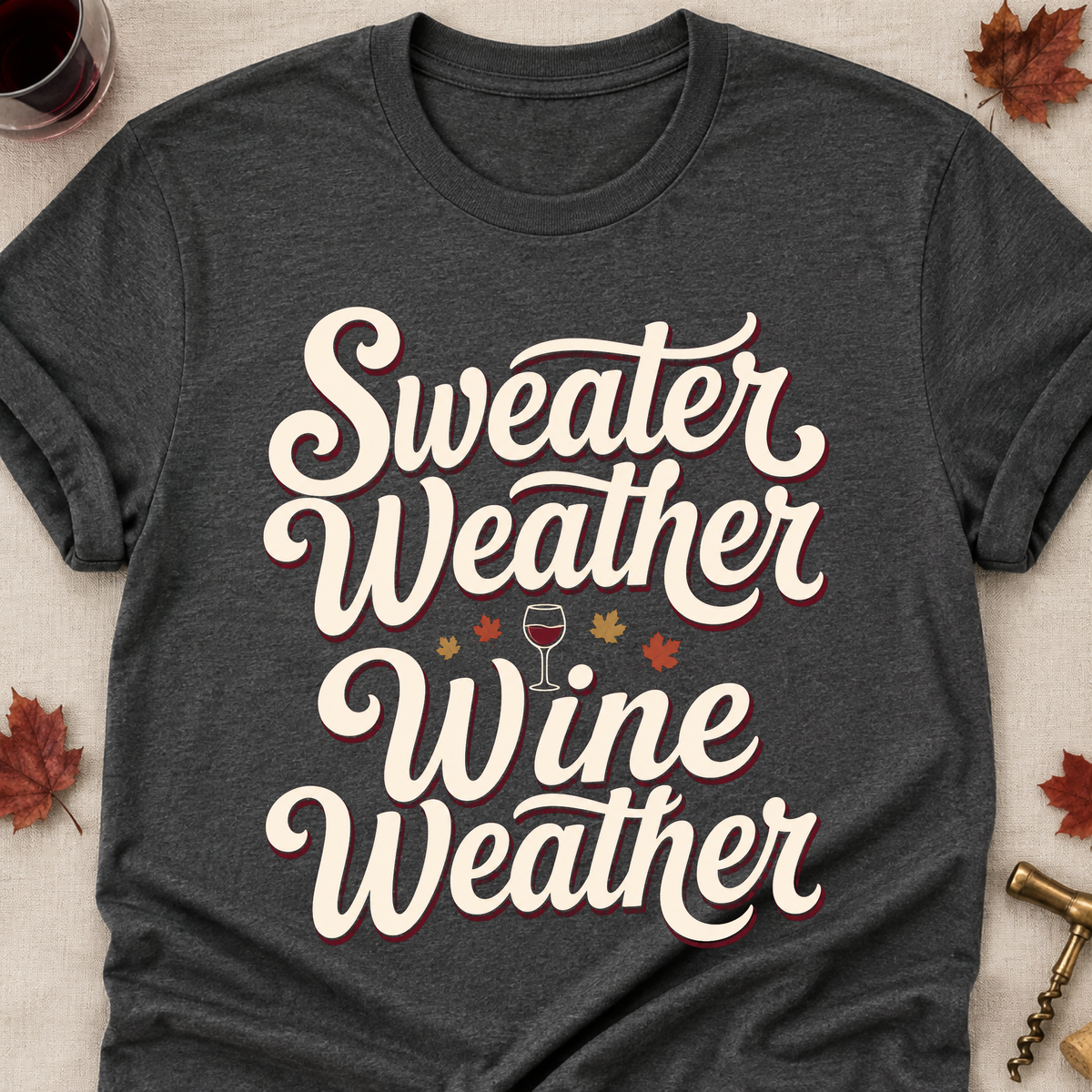 Sweater Weather Wine Weather Fall Colored Print T-Shirt - Dark Heather - Brooke & Belle