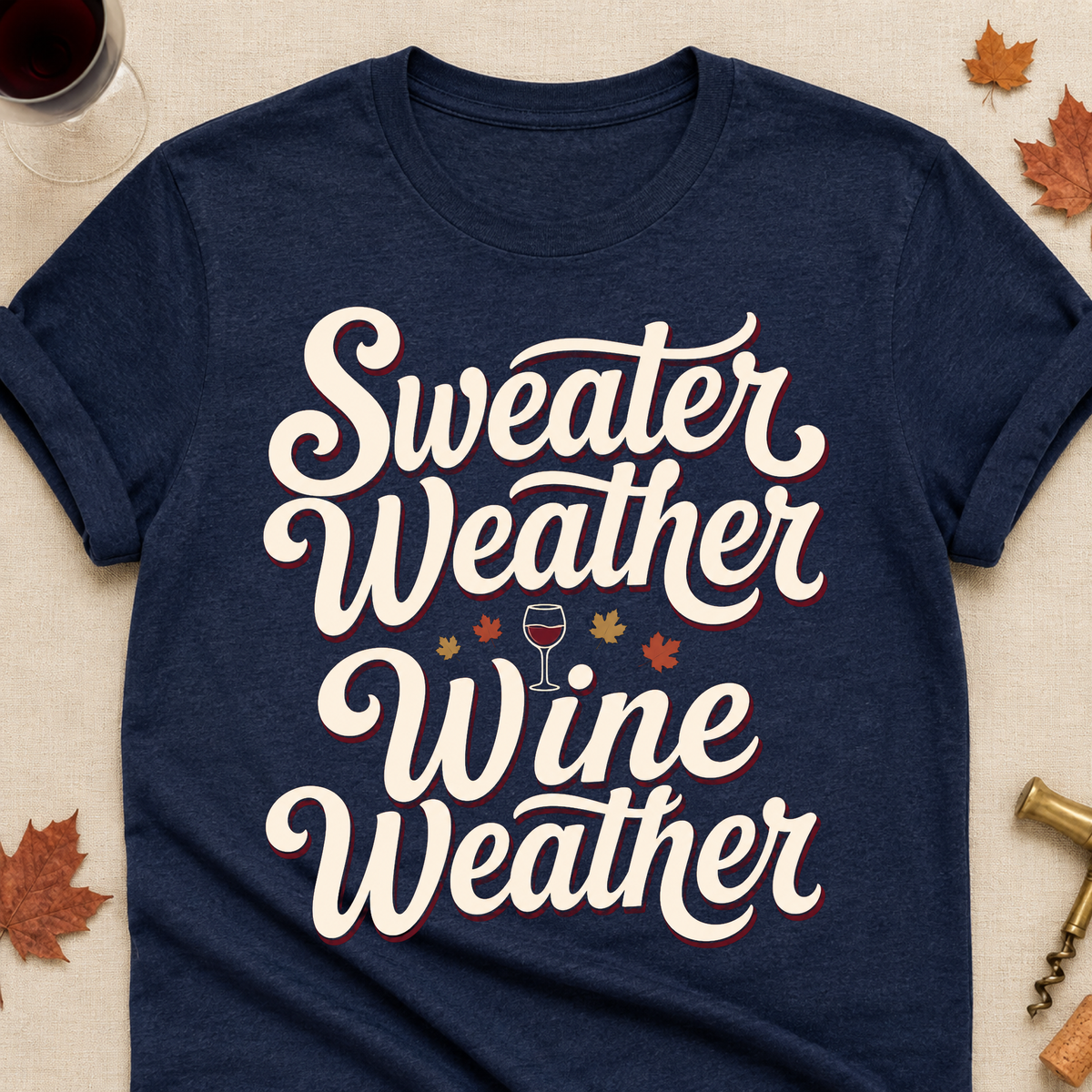 Sweater Weather Wine Weather Fall Colored Print T-Shirt - Heather Navy - Brooke & Belle