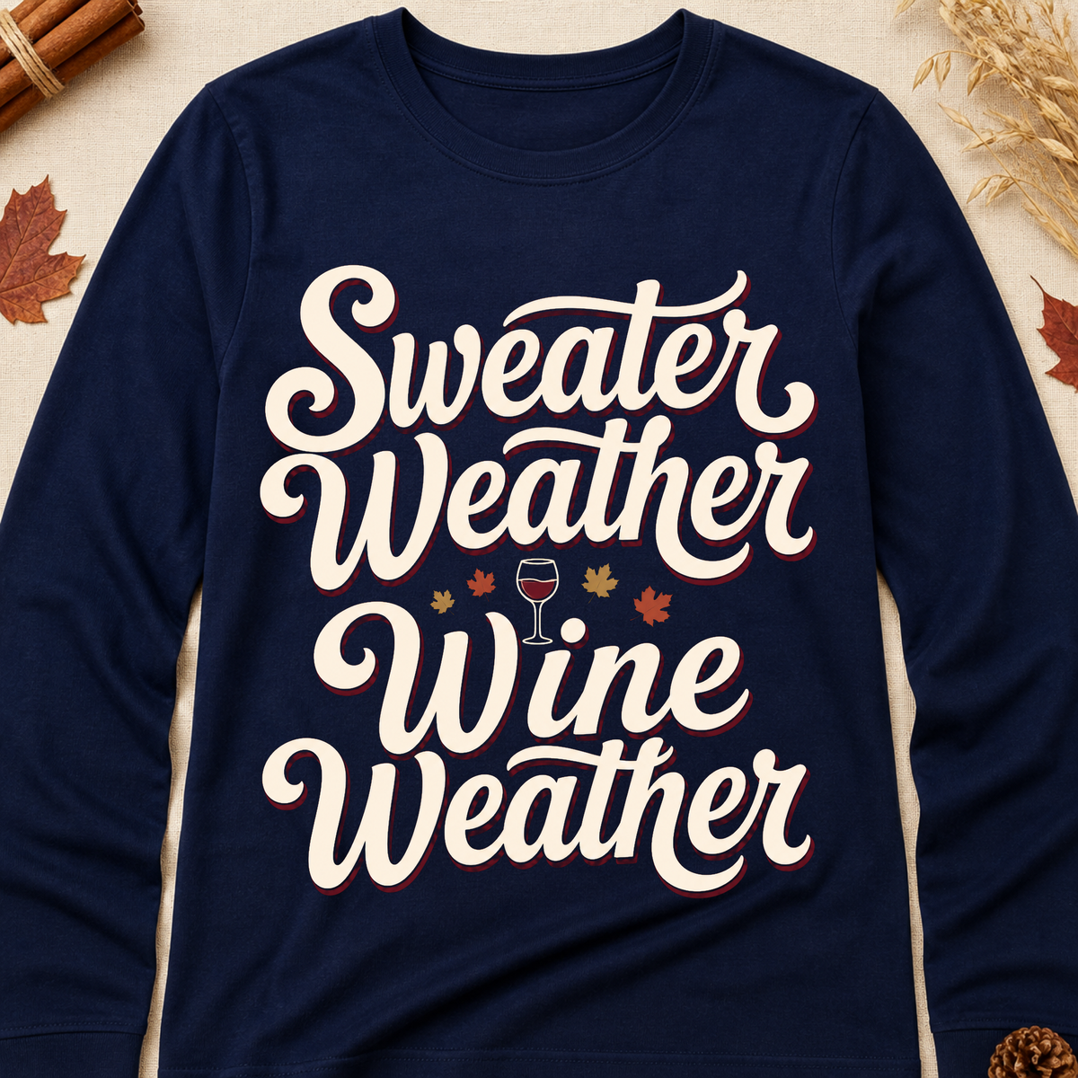 Sweater Weather Wine Weather Fall Colored Print Long Sleeves - Navy - Brooke & Belle