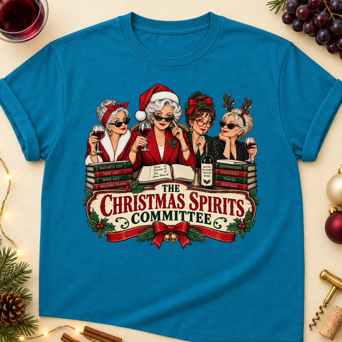 The Christmas Spirits Committee Colored Print T-Shirt - Antique Sapphire - Brooke & Belle