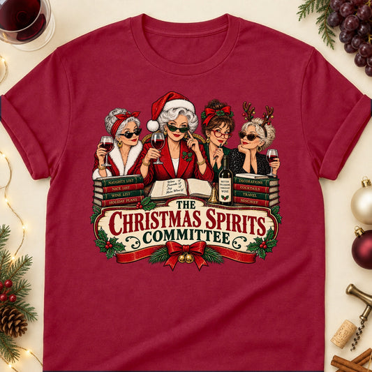 The Christmas Spirits Committee Colored Print T-Shirt - Cardinal Red - Brooke & Belle