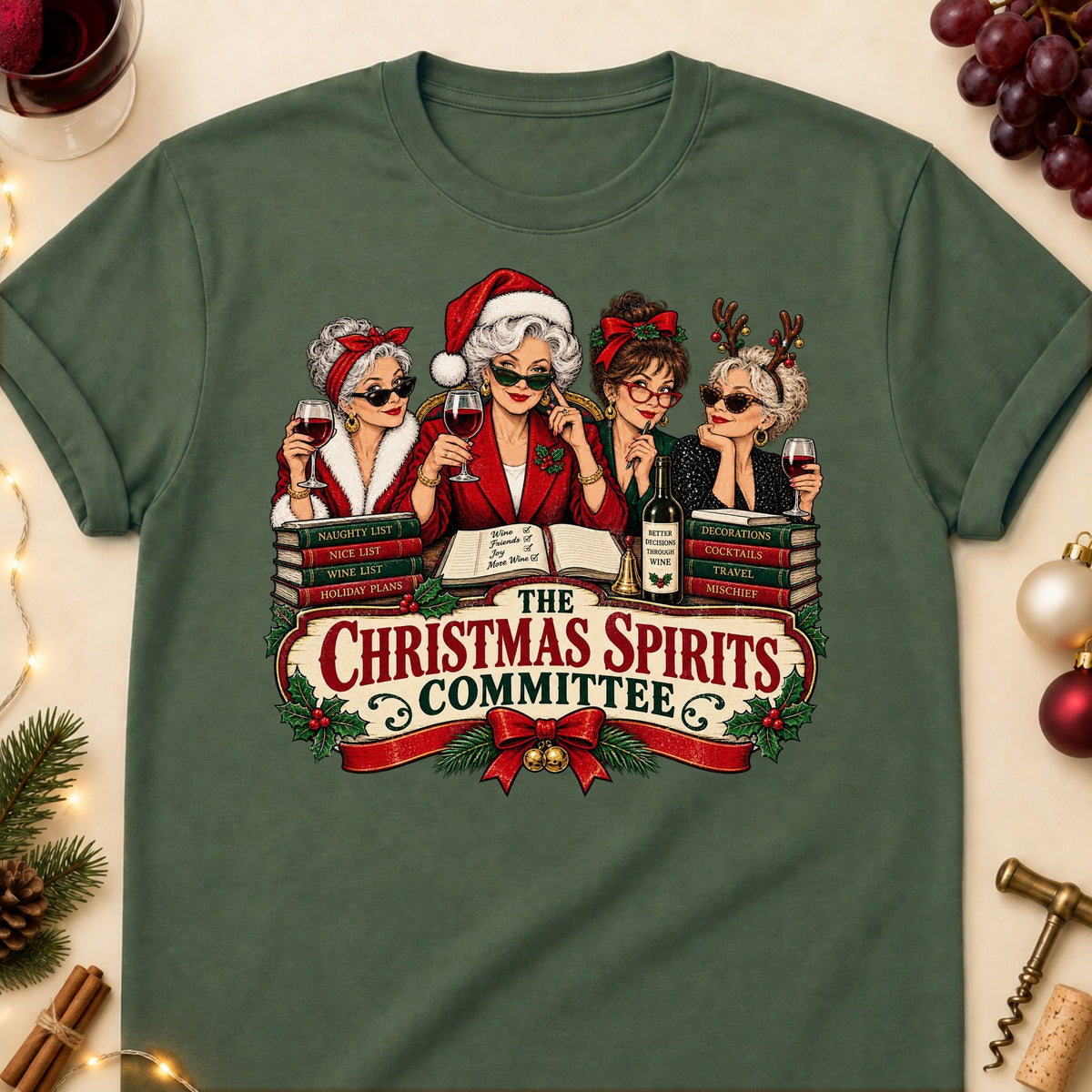 The Christmas Spirits Committee Colored Print T-Shirt - Military Green - Brooke & Belle