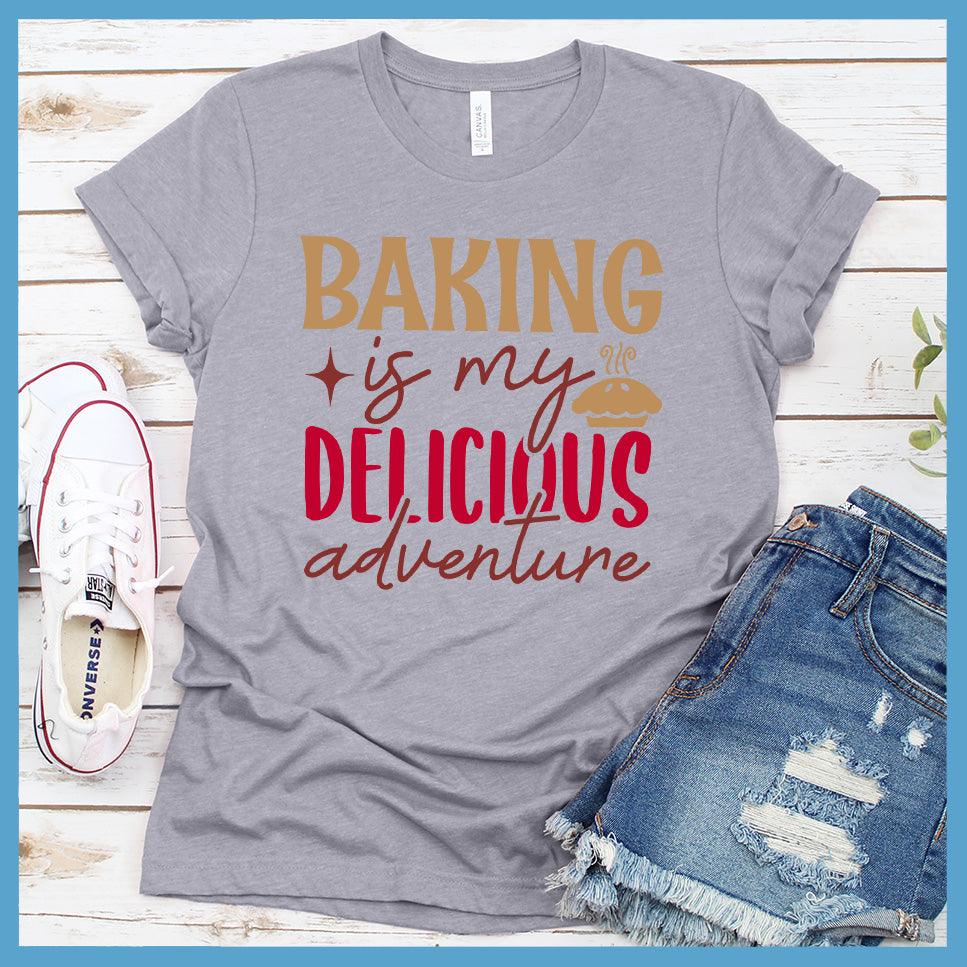 Baking Is My Delicious Adventure T-Shirt Colored Edition Heather Stone - Illustrated graphic t-shirt with 'Baking is my Delicious Adventure' quote