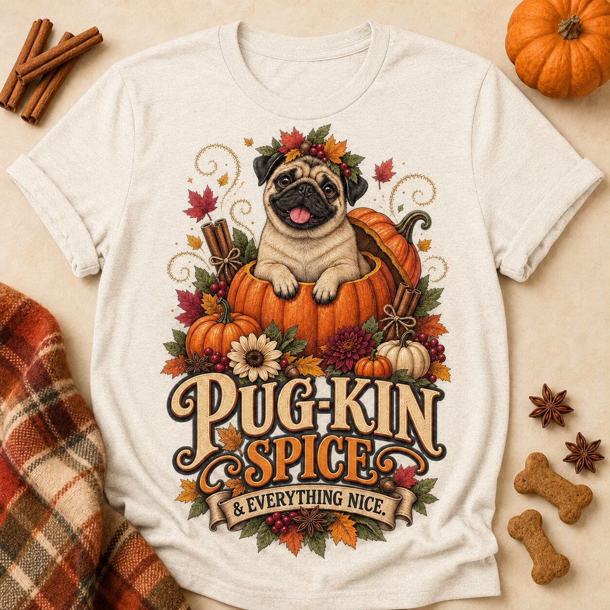 Pug-Kin Spice T-shirt - Natural - Brooke & Belle