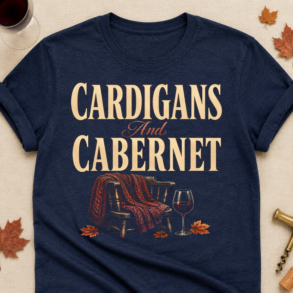 Cardigans And Cabernet Fall Colored Print T-Shirt - Heather Navy - Brooke & Belle