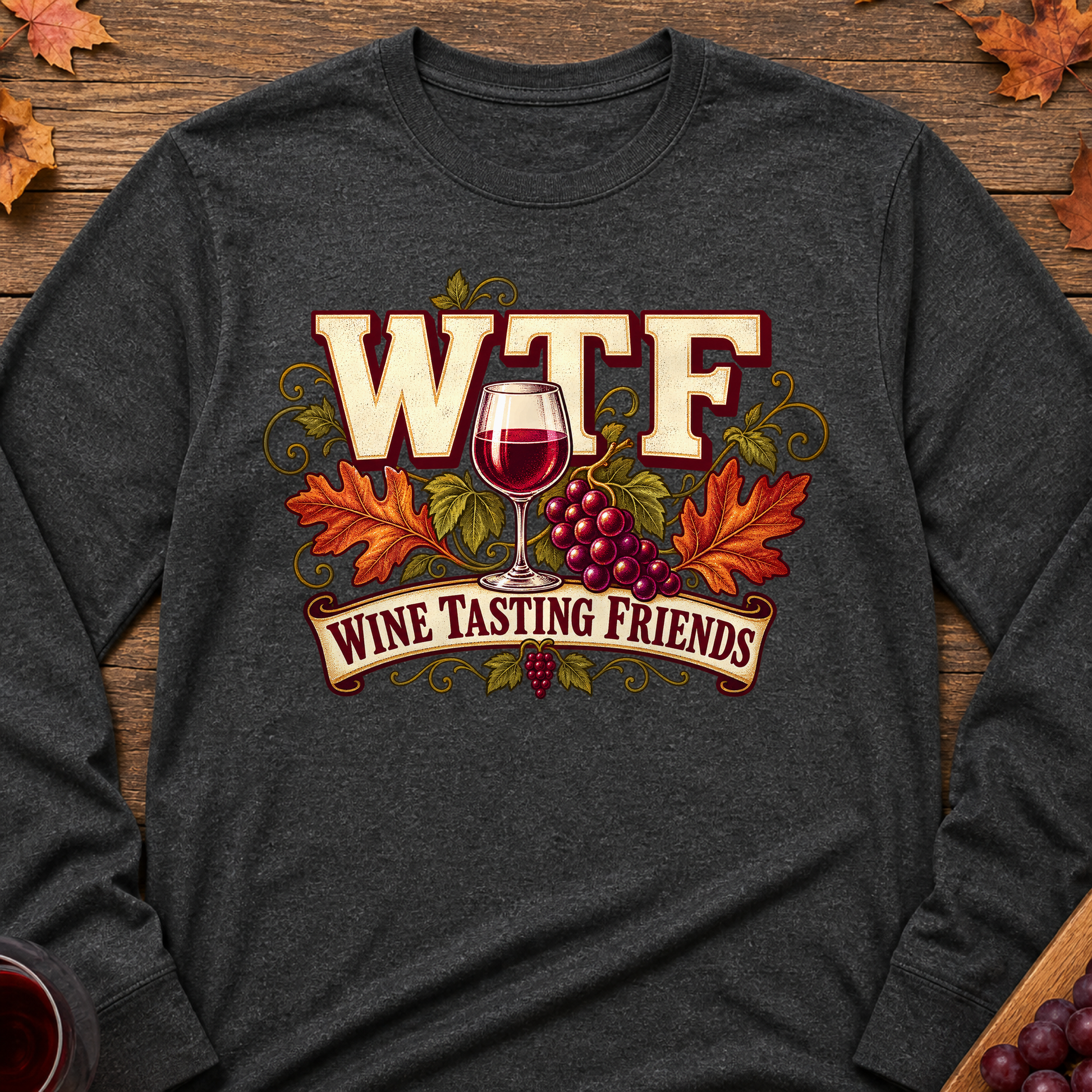 WTF Wine Tasting Friends Fall Colored Print Long Sleeves - Charcoal - Brooke & Belle