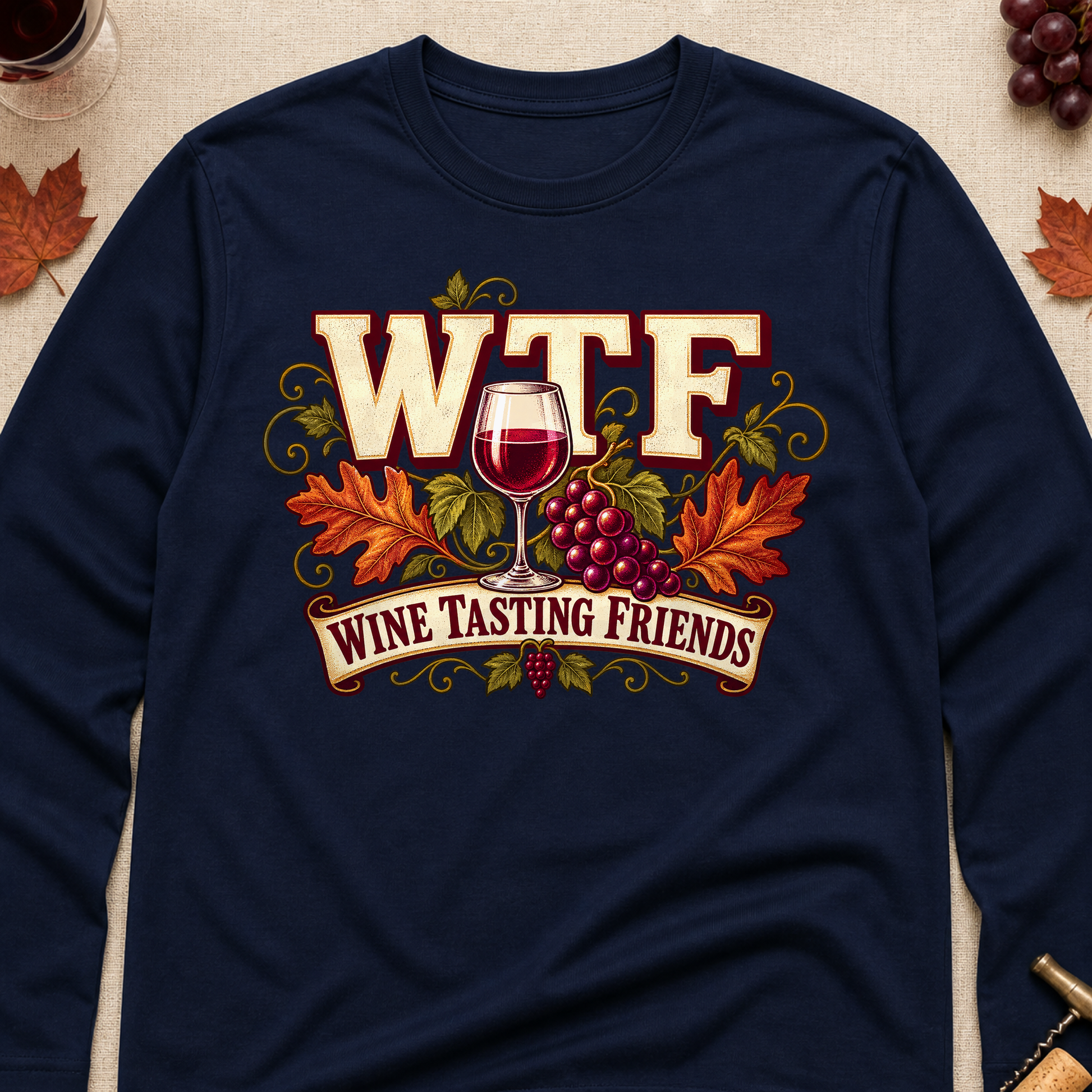 WTF Wine Tasting Friends Fall Colored Print Long Sleeves - Navy - Brooke & Belle