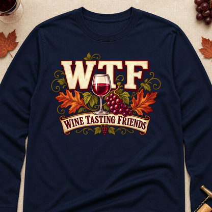 WTF Wine Tasting Friends Fall Colored Print Long Sleeves - Navy - Brooke & Belle