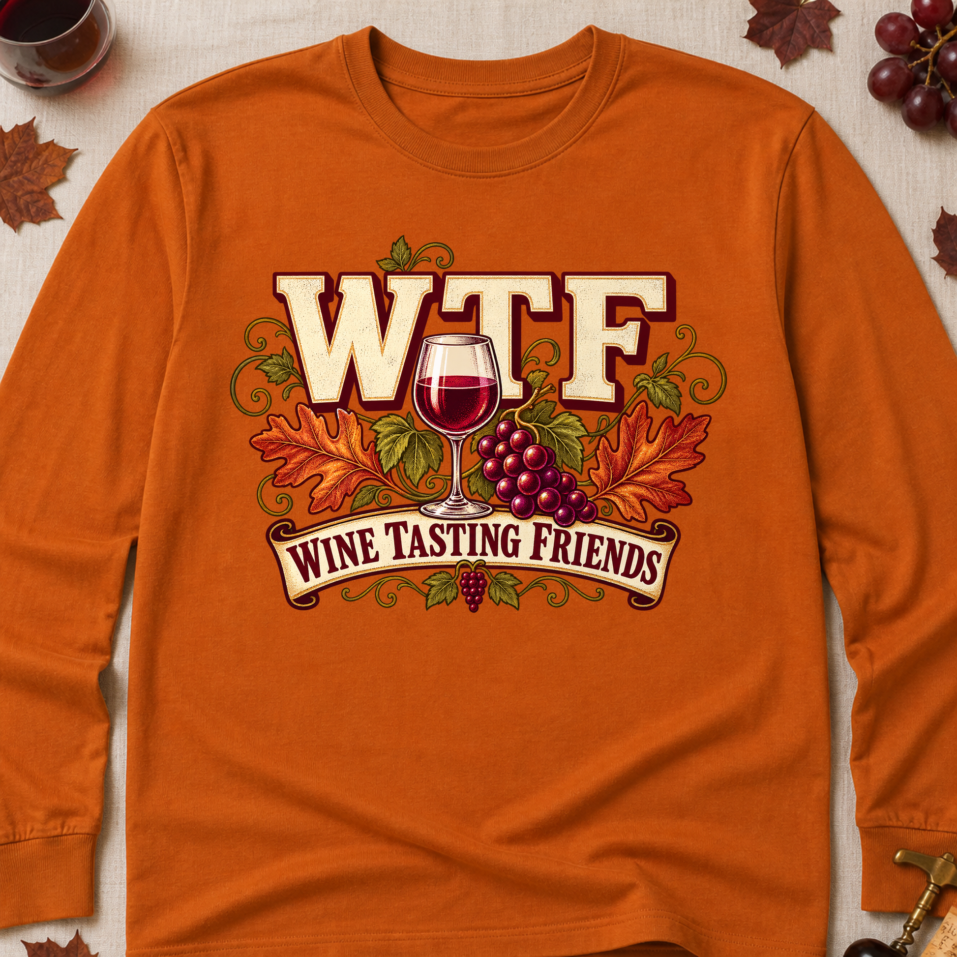 WTF Wine Tasting Friends Fall Colored Print Long Sleeves - Texas Orange - Brooke & Belle