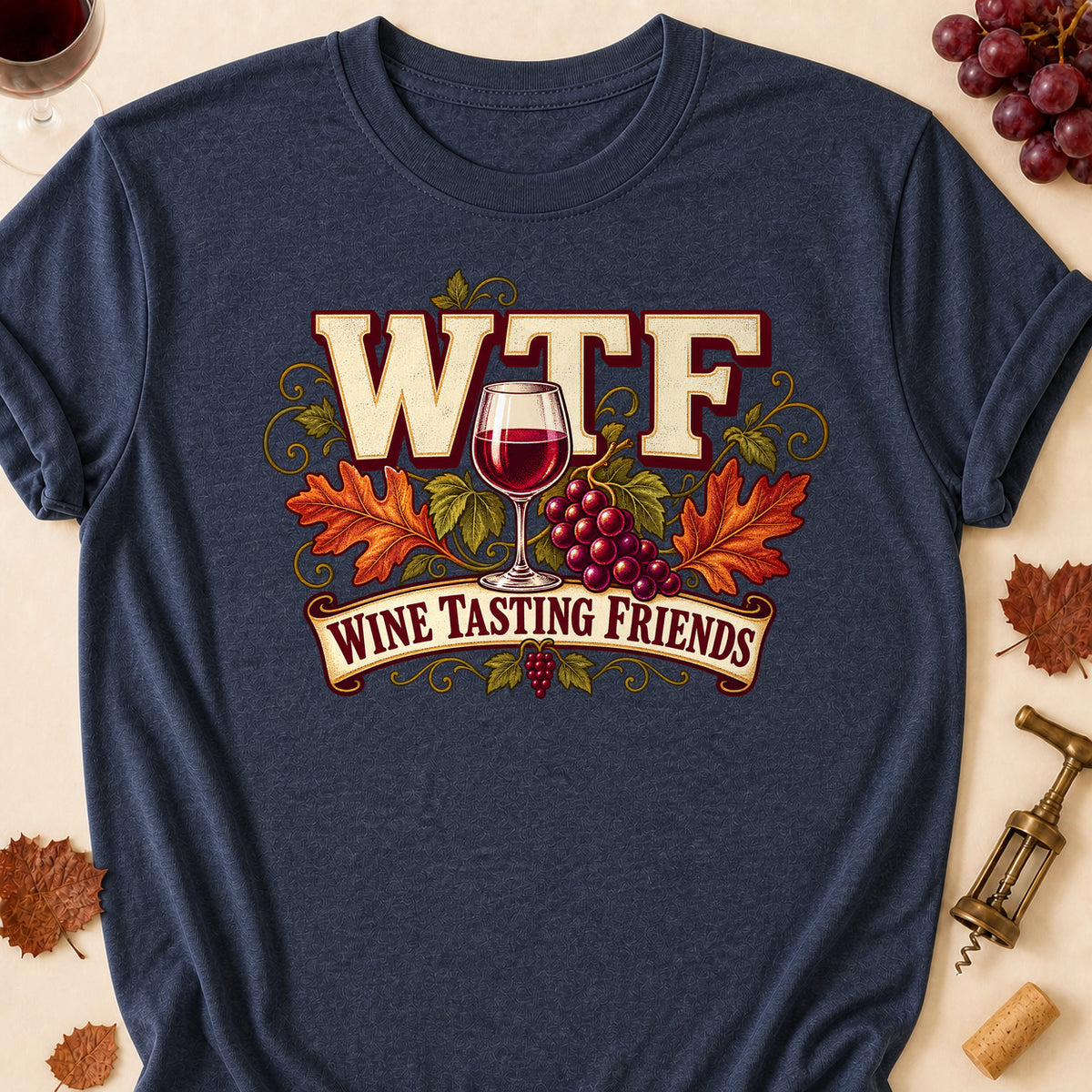 WTF Wine Tasting Friends Fall T-shirt - Heather Navy - Brooke & Belle
