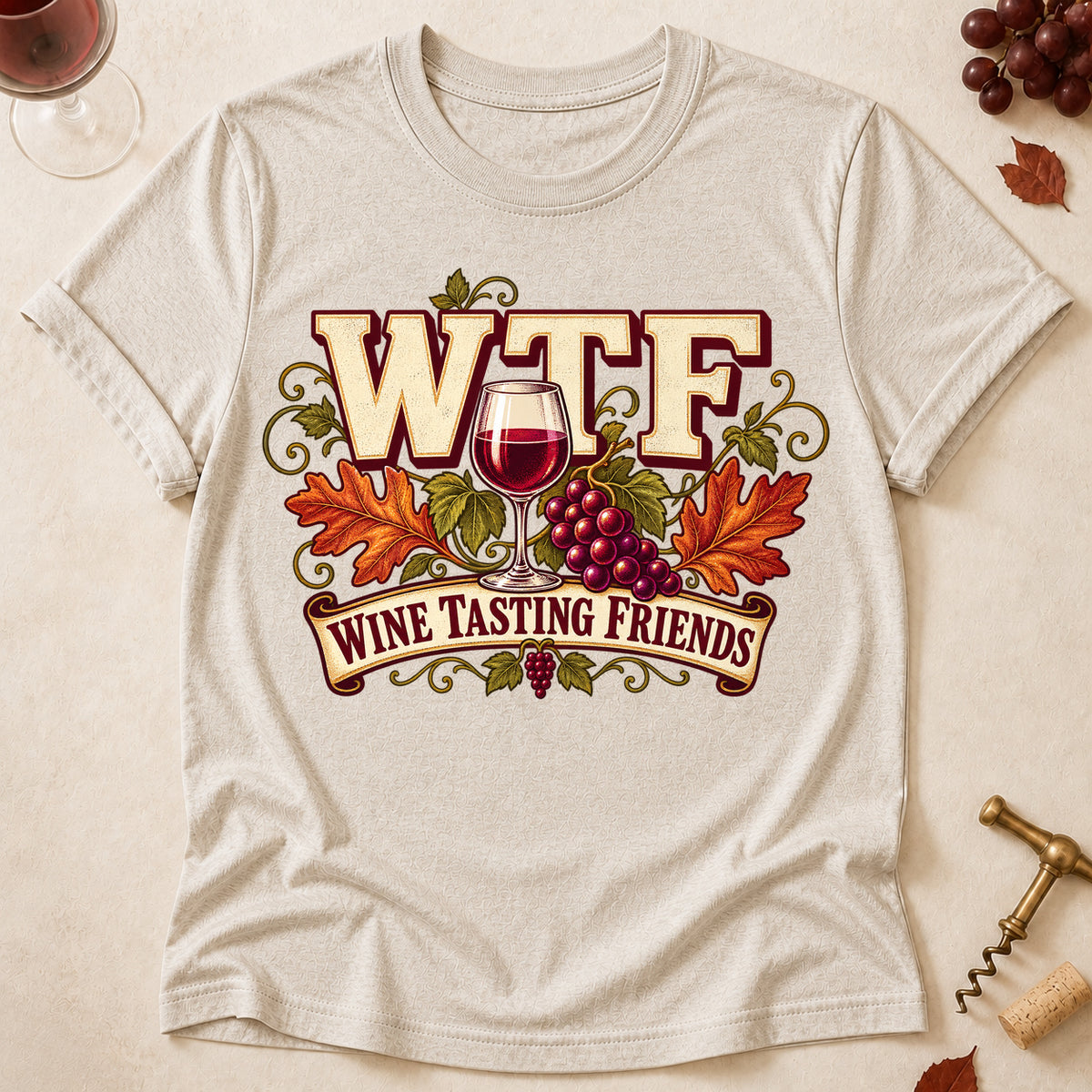 WTF Wine Tasting Friends Fall T-shirt - Heather Oatmeal - Brooke & Belle
