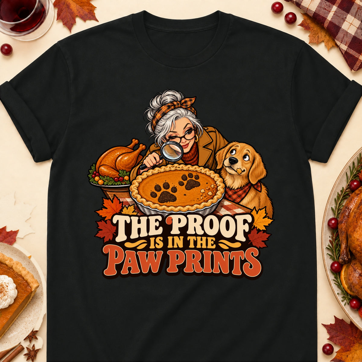 The Proof Is In The Paw Prints Thanksgiving Dog Mom T-Shirt in Black