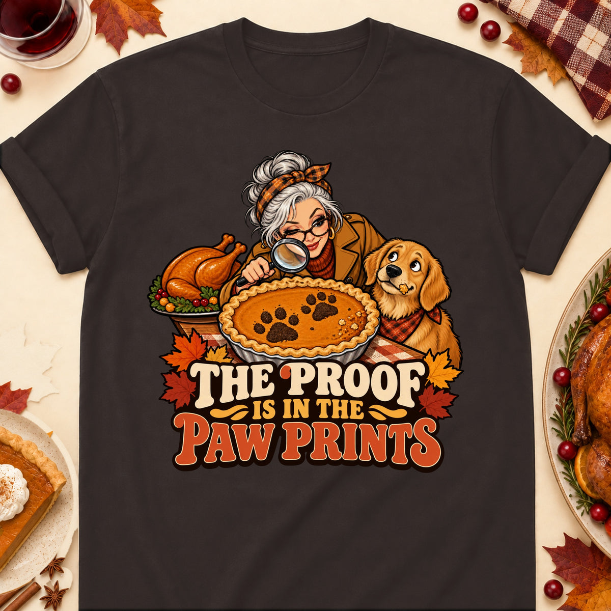 The Proof Is In The Paw Prints Thanksgiving Dog Mom T-Shirt in Dark Chocolate