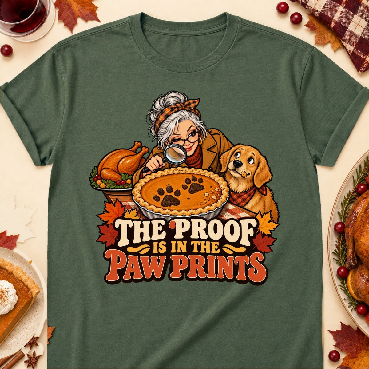 The Proof Is In The Paw Prints Thanksgiving Dog Mom T-Shirt in Military Green