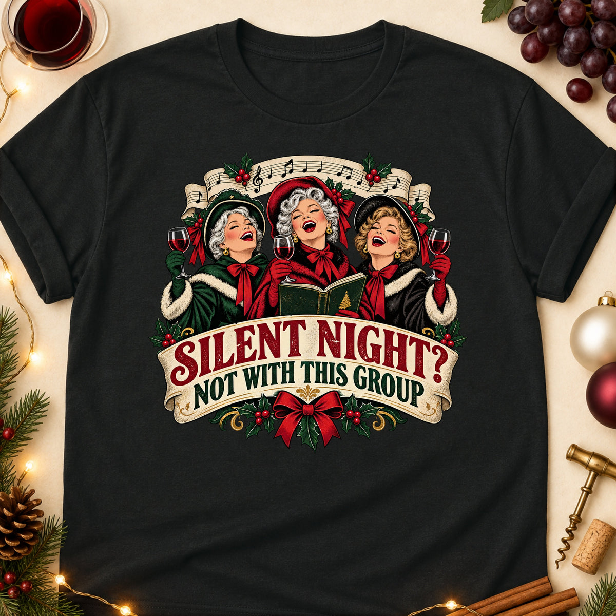 Silent Night? Not With This Group Colored Print T-Shirt - Black - Brooke & Belle