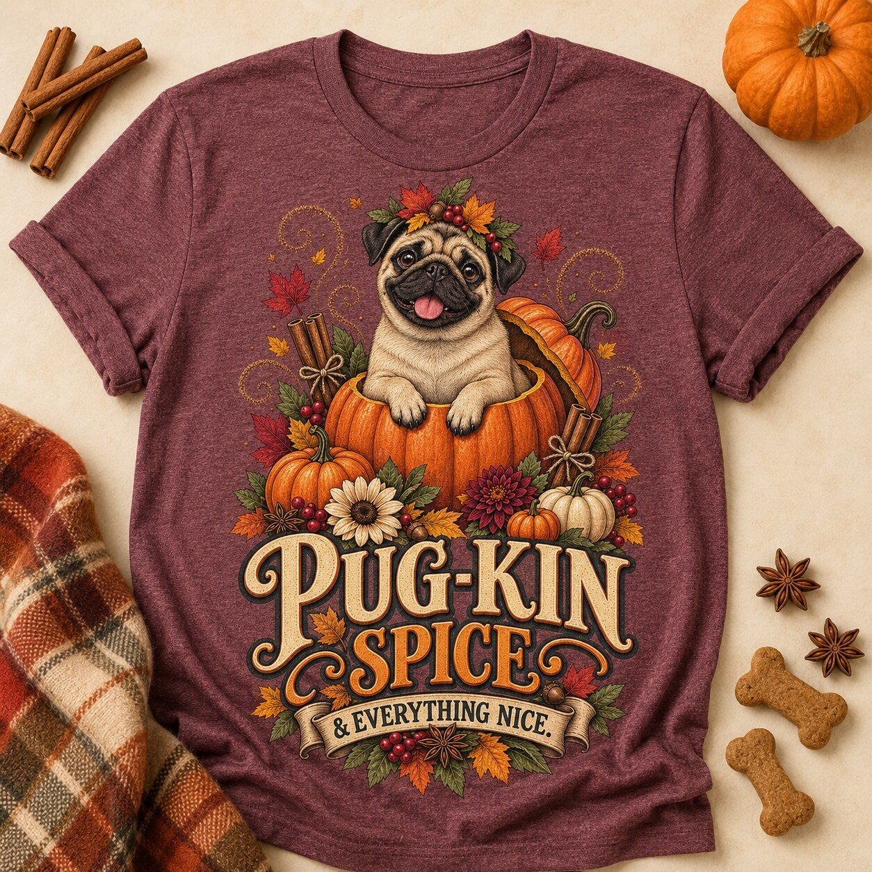 Pug-Kin Spice T-shirt - Heather Maroon - Brooke & Belle