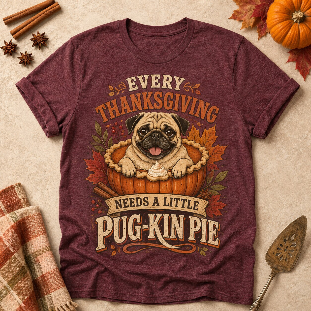 Pug-Kin Pie T-shirt - Heather Maroon - Brooke & Belle