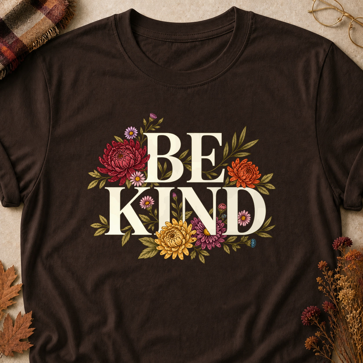 Be Kind Fall Colored Print T-Shirt - Dark Chocolate - Brooke & Belle