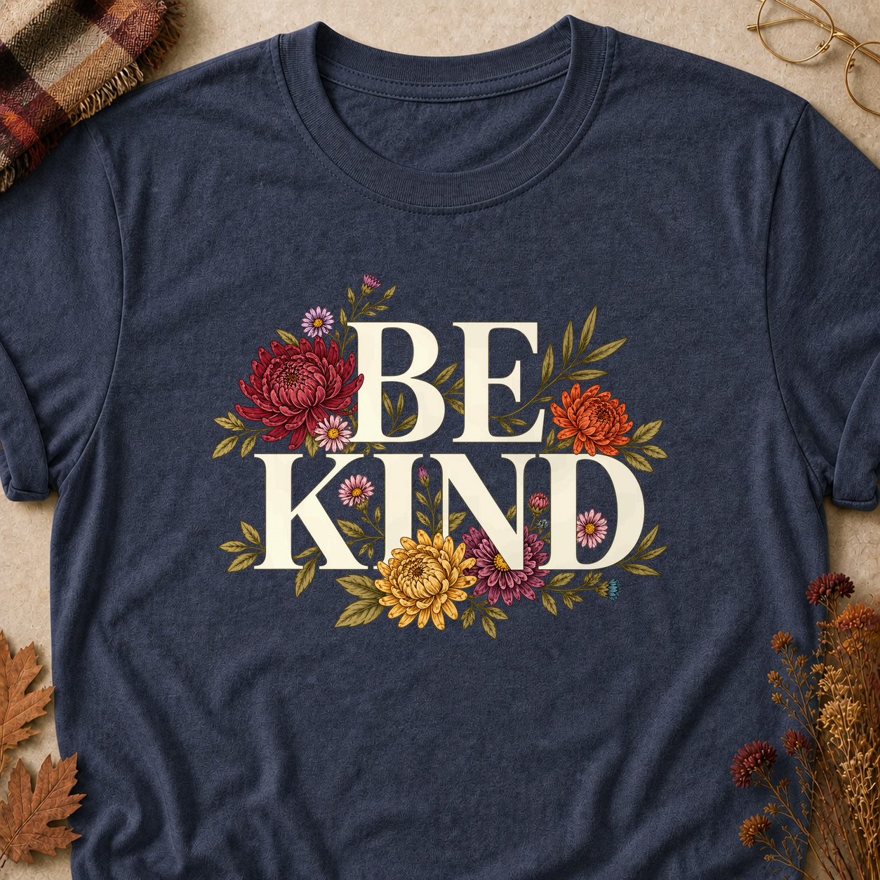 Be Kind Fall Colored Print T-Shirt - Heather Navy - Brooke & Belle