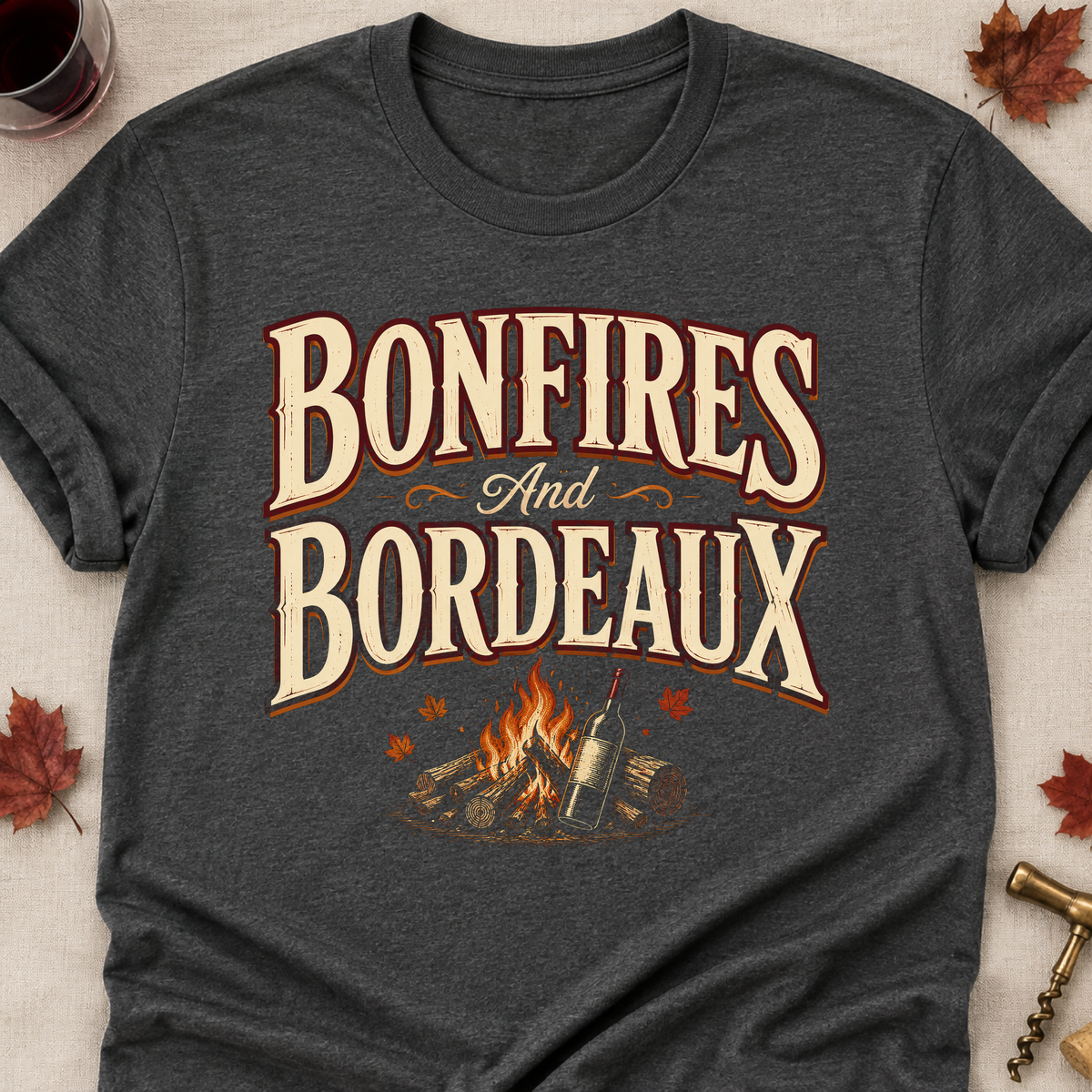Bonfires And Bordeaux Fall Colored Print T-Shirt - Dark Heather - Brooke & Belle