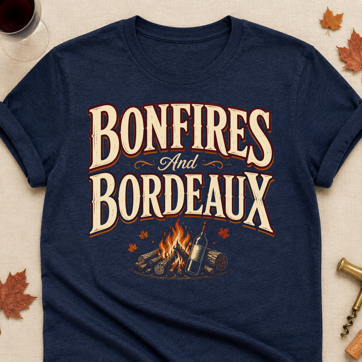 Bonfires And Bordeaux Fall Colored Print T-Shirt - Heather Navy - Brooke & Belle
