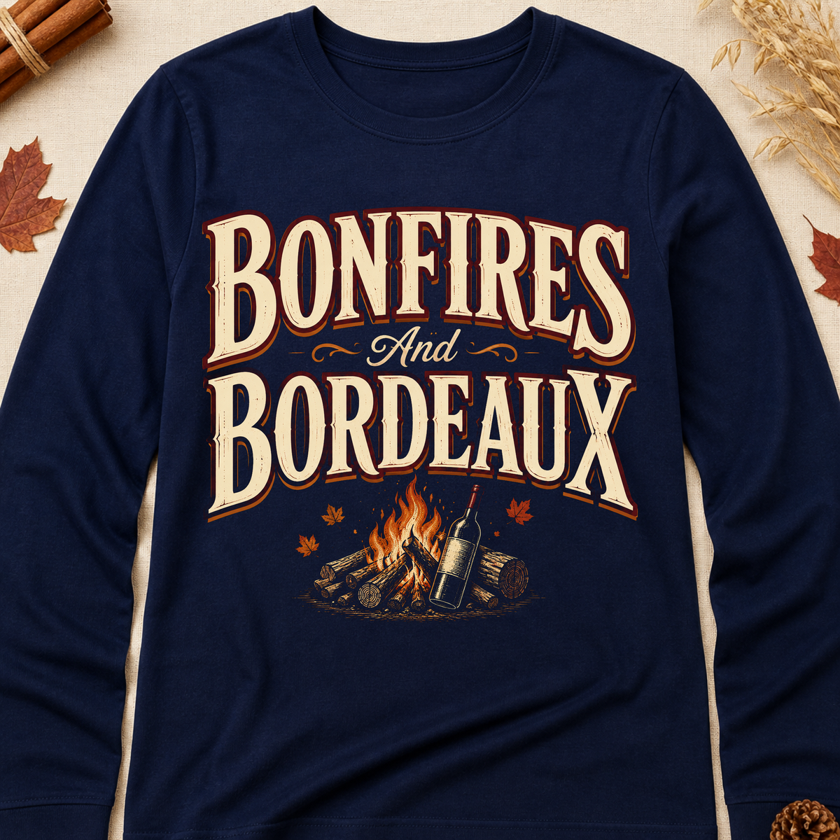 Bonfires And Bordeaux Fall Colored Print Long Sleeves - Navy - Brooke & Belle