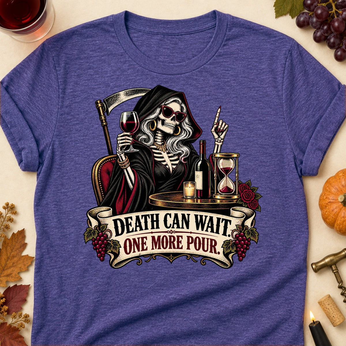 Death Can Wait. One More Pour Colored Print T-Shirt - Heather Purple - Brooke & Belle
