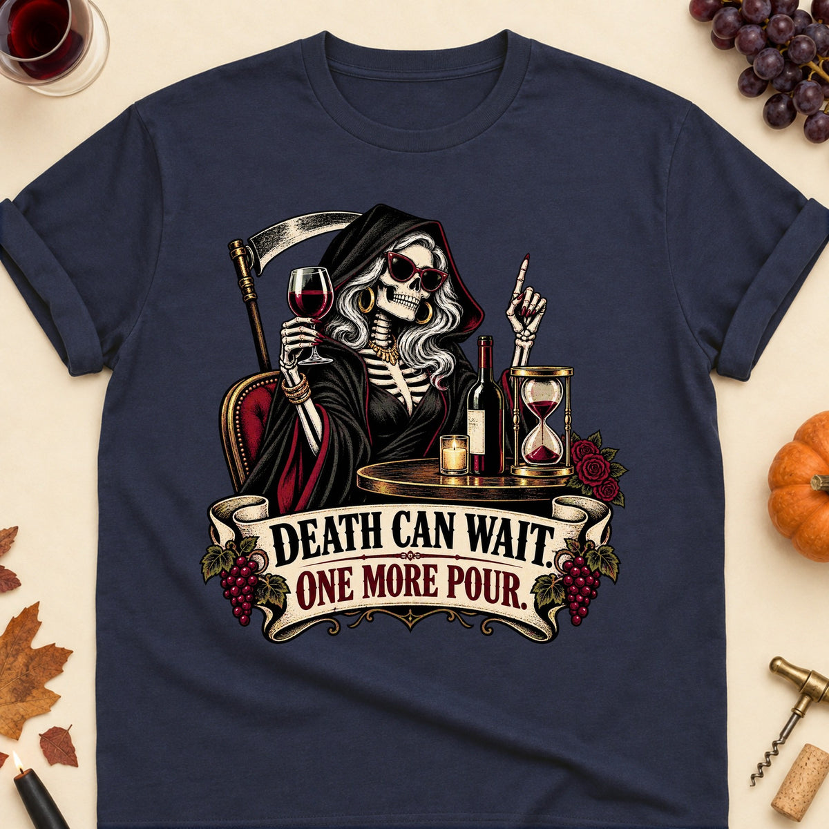 Death Can Wait. One More Pour Colored Print T-Shirt - Navy - Brooke & Belle