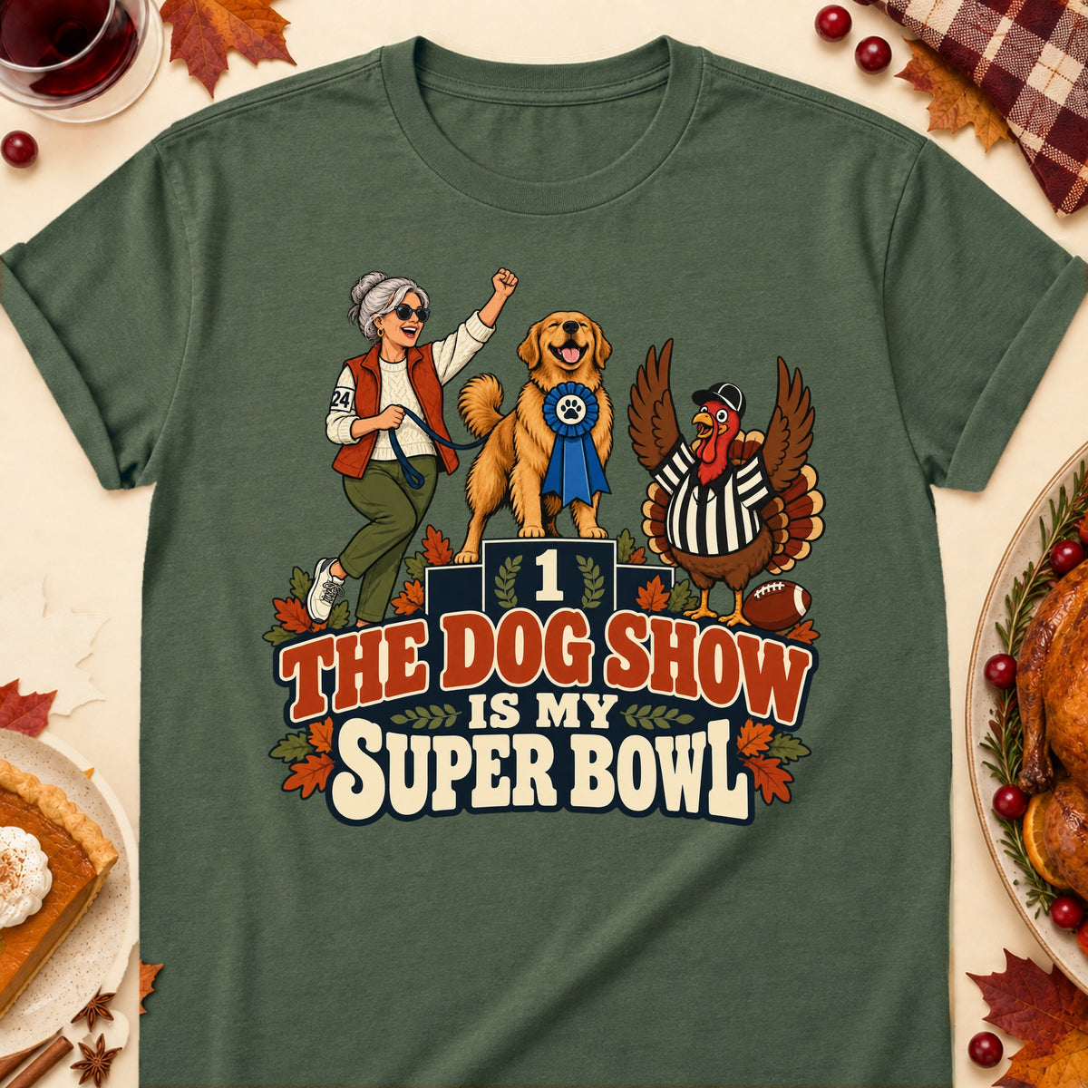 The Dog Show Is My Super Bowl Thanksgiving Dog Mom T-Shirt in Military Green