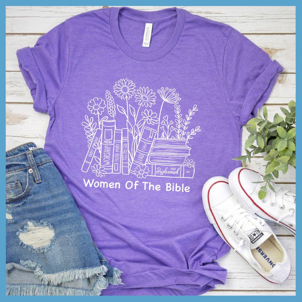 Women Of The Bible T-Shirt Heather Purple - Inspirational "Women Of The Bible" graphic tee with floral and book motifs against a casual backdrop.