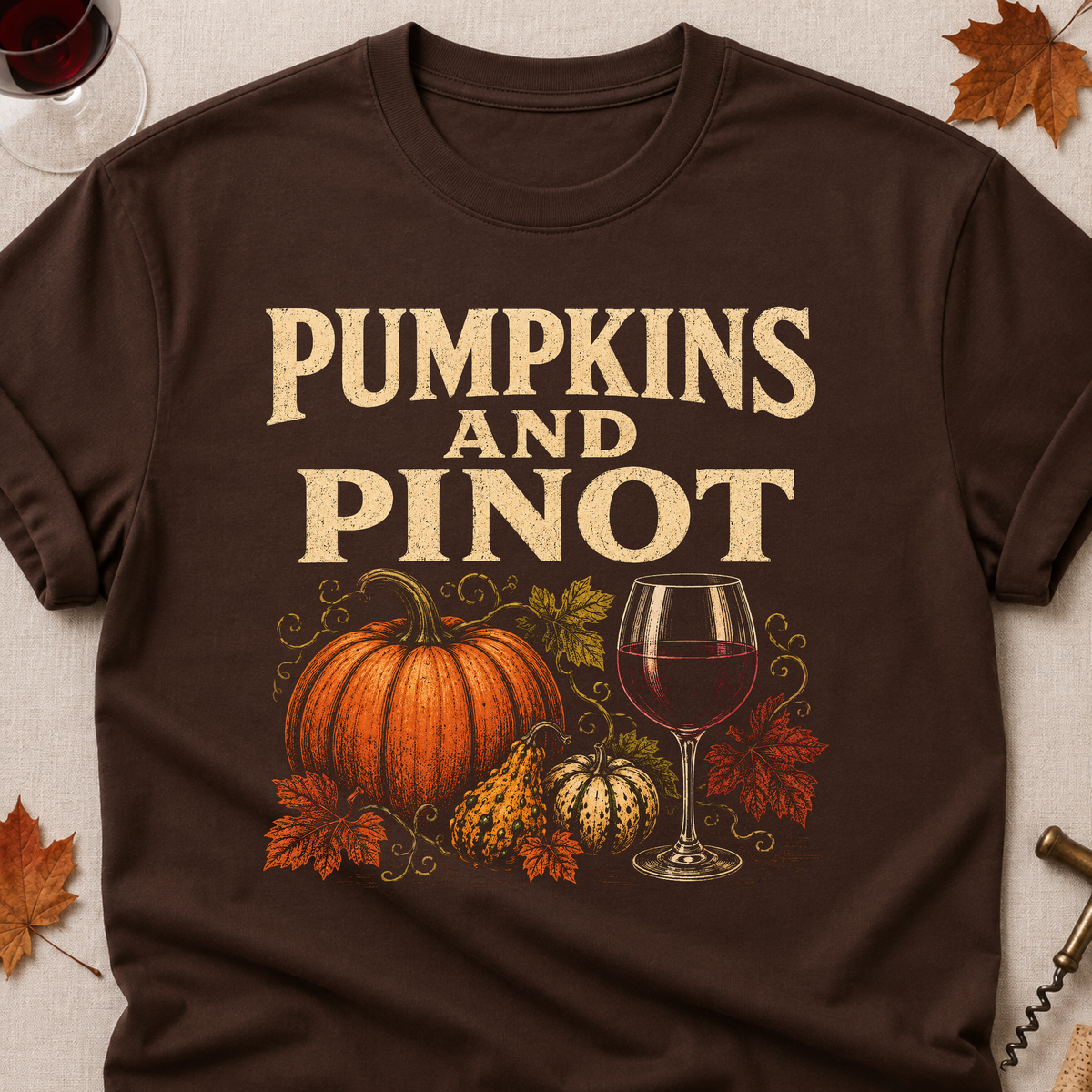 Pumpkins And Pinot Fall Colored Print T-Shirt - Dark Chocolate - Brooke & Belle