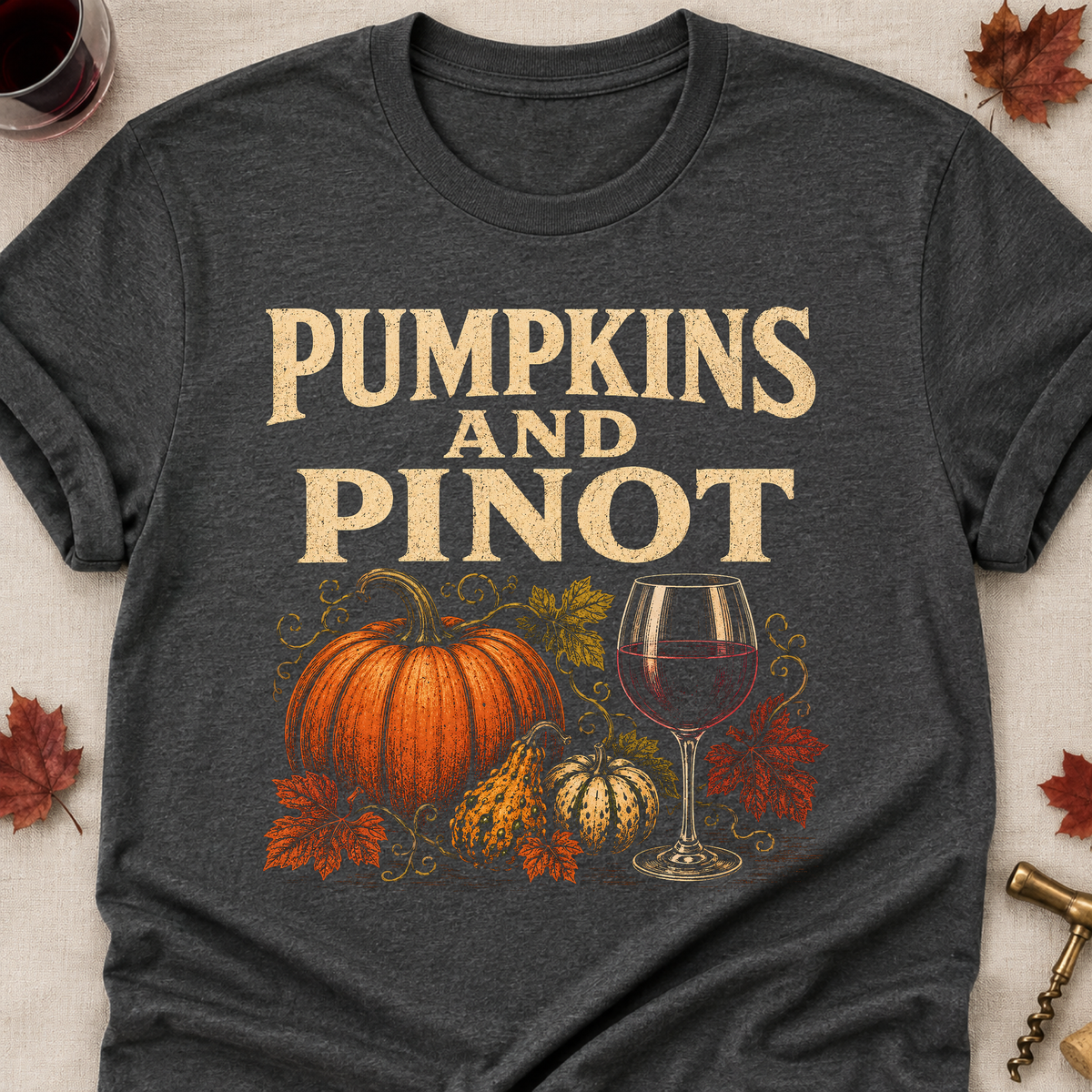 Pumpkins And Pinot Fall Colored Print T-Shirt - Dark Heather - Brooke & Belle
