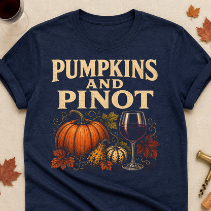 Pumpkins And Pinot Fall Colored Print T-Shirt - Heather Navy - Brooke & Belle
