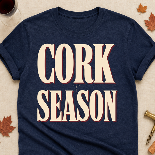 Cork Season Fall Colored Print T-Shirt - Heather Navy - Brooke & Belle