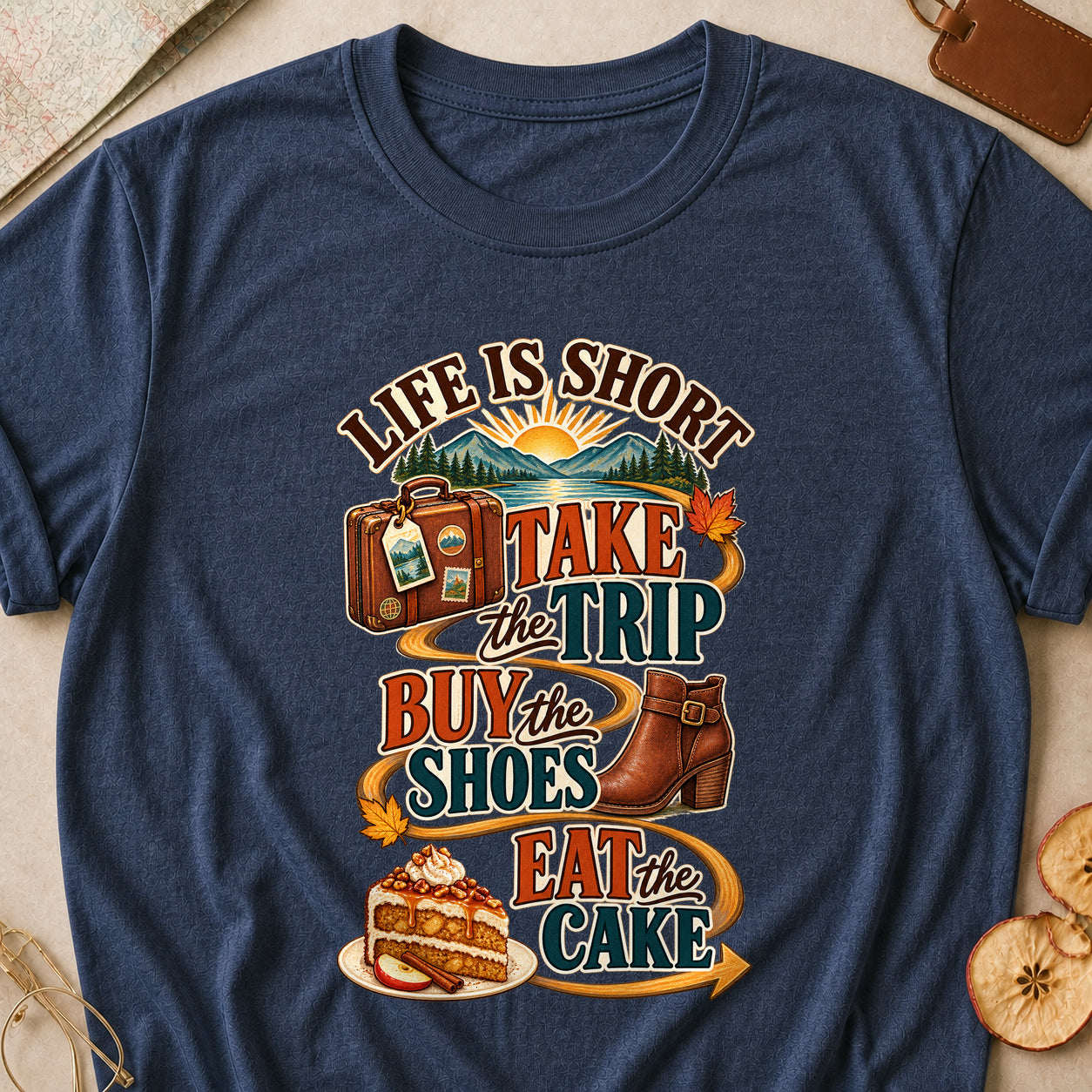 Life Is Short Take The Trip Buy The Shoes Eat The Cake Fall Colored Print T-Shirt - Heather Navy - Brooke & Belle