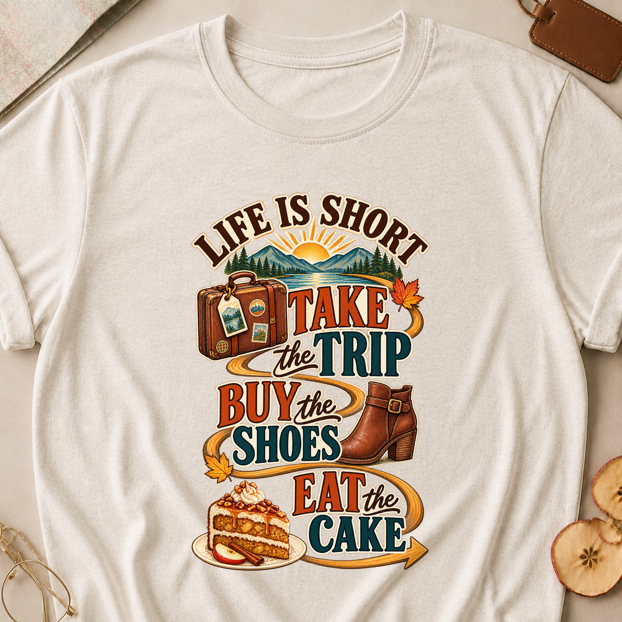 Life Is Short Take The Trip Buy The Shoes Eat The Cake Fall Colored Print T-Shirt - Heather Oatmeal - Brooke & Belle