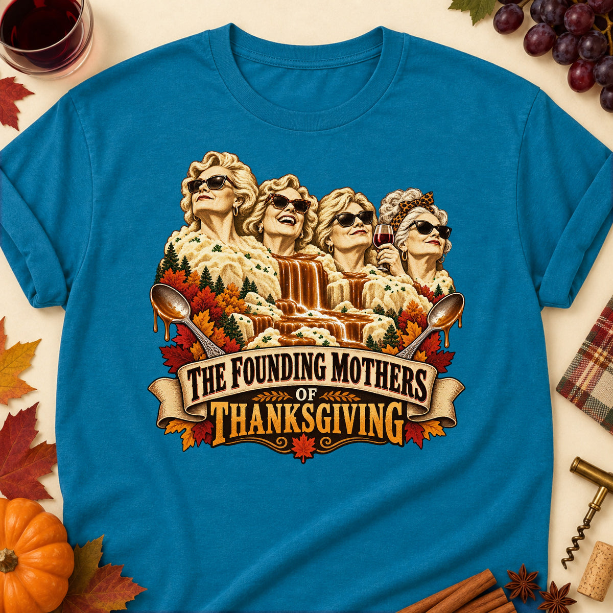 The Founding Mothers Of Thanksgiving Colored Print T-Shirt - Antique Sapphire - Brooke & Belle