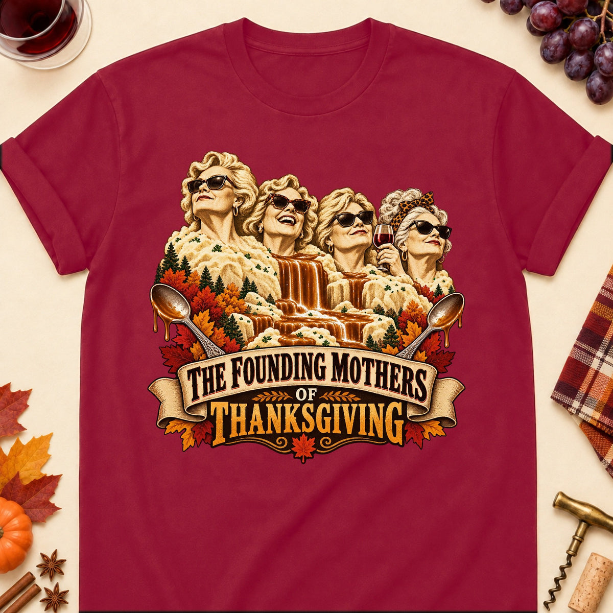 The Founding Mothers Of Thanksgiving Colored Print T-Shirt - Cardinal Red - Brooke & Belle