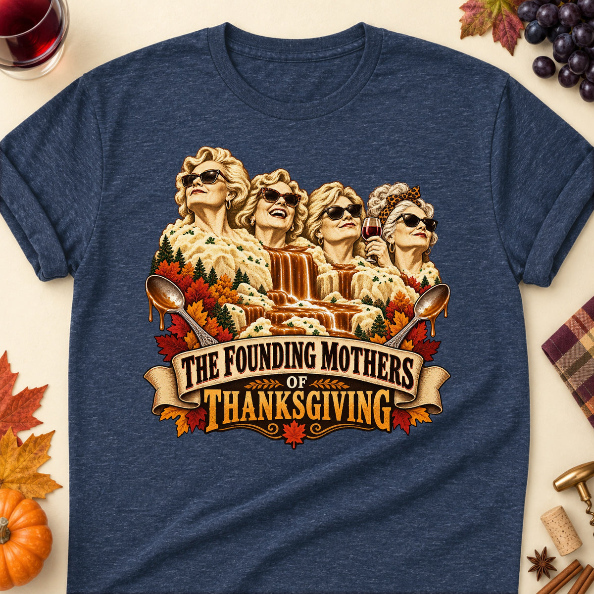 The Founding Mothers Of Thanksgiving Colored Print T-Shirt - Heather Navy - Brooke & Belle