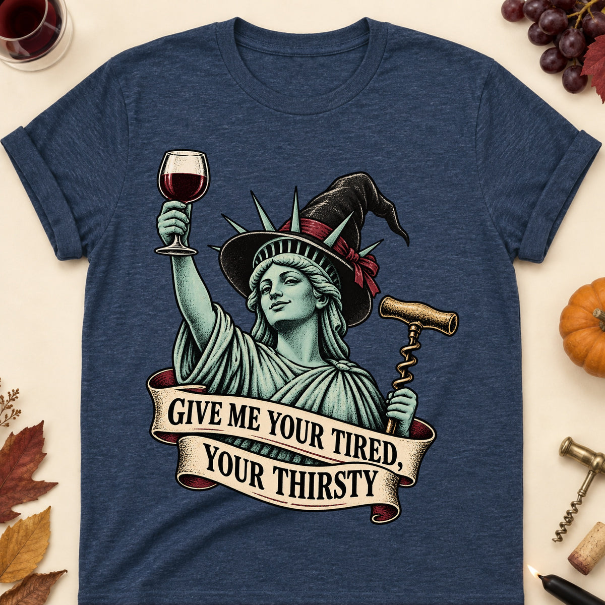 Give Me Your Tired, Your Thirsty Colored Print T-Shirt - Heather Navy - Brooke & Belle