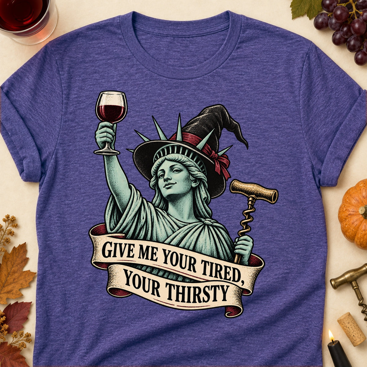 Give Me Your Tired, Your Thirsty Colored Print T-Shirt - Heather Purple - Brooke & Belle