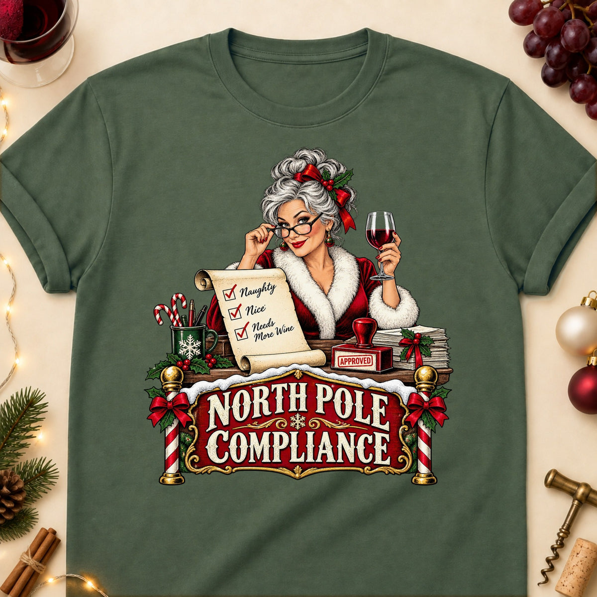 North Pole Compliance Colored Print T-Shirt - Military Green - Brooke & Belle