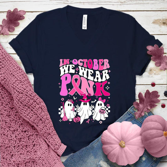 In October We Wear Pink V-Neck Colored Edition Navy - Supportive V-neck tee with 'In October We Wear Pink' design for Breast Cancer Awareness.