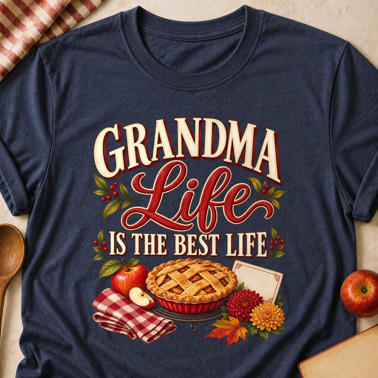 Grandma Life Is The Best Life Fall Colored Print T-Shirt - Heather Navy - Brooke & Belle