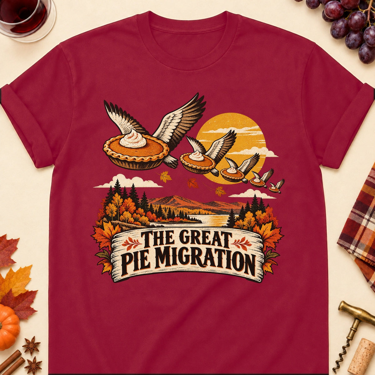 The Great Pie Migration Colored Print T-Shirt - Cardinal Red - Brooke & Belle