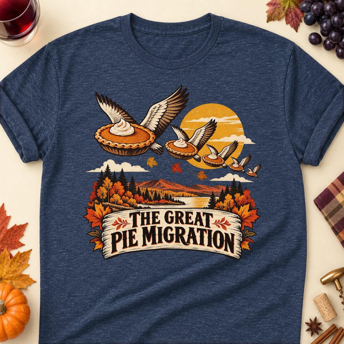 The Great Pie Migration Colored Print T-Shirt - Heather Navy - Brooke & Belle