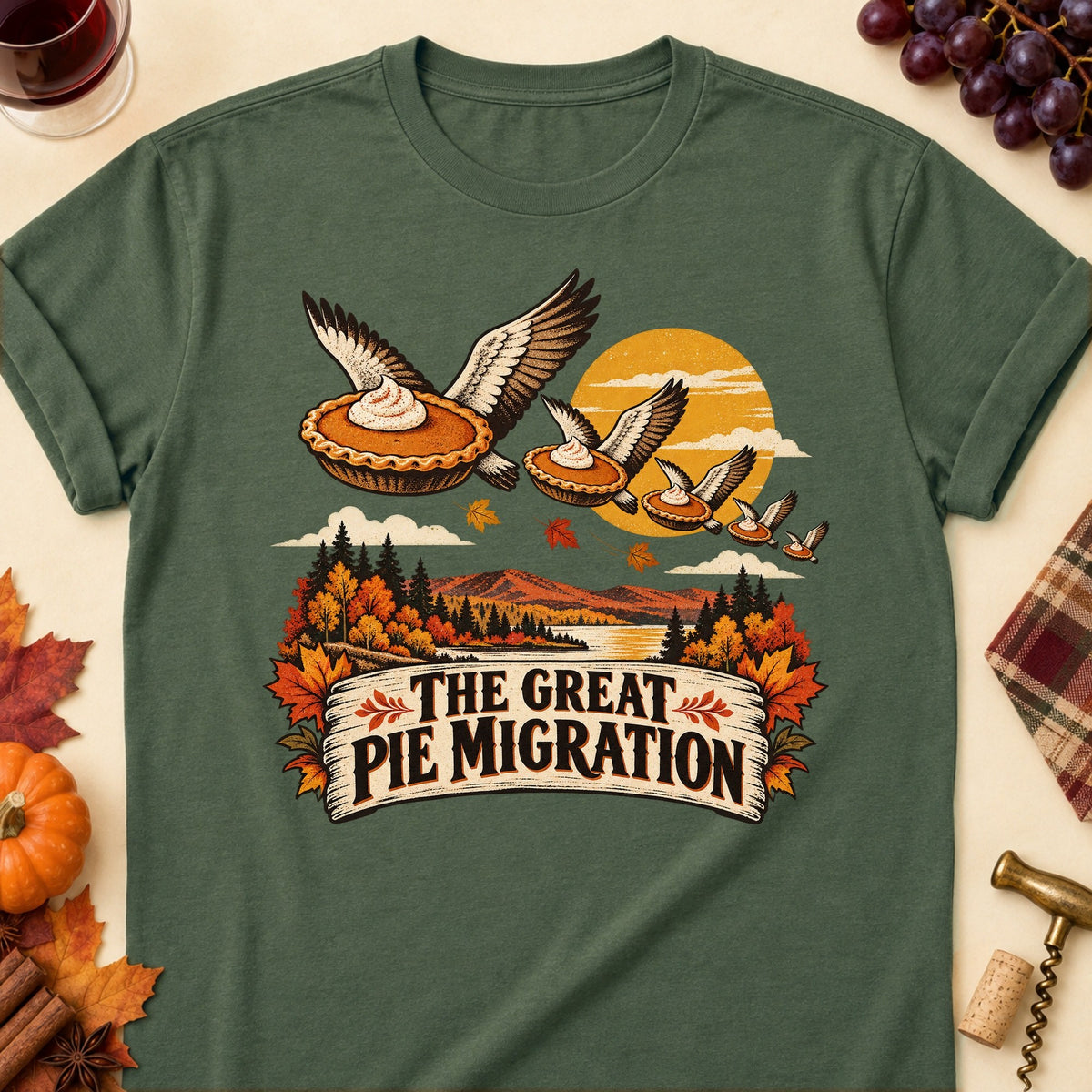 The Great Pie Migration Colored Print T-Shirt - Military Green - Brooke & Belle